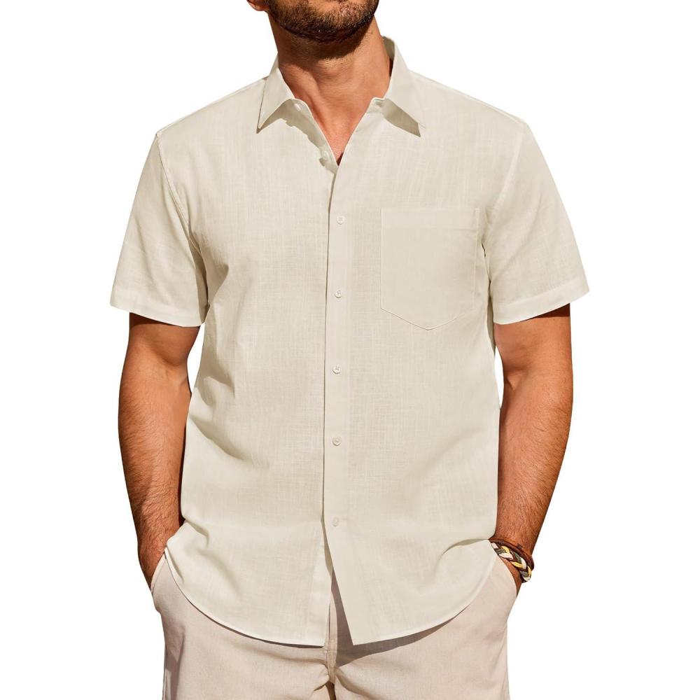 imageAlimens amp Gentle Mens Short Sleeve Cotton Linen Texture Shirt Casual Untucked Button Down Lightweight Shirts Summer BeachBeige