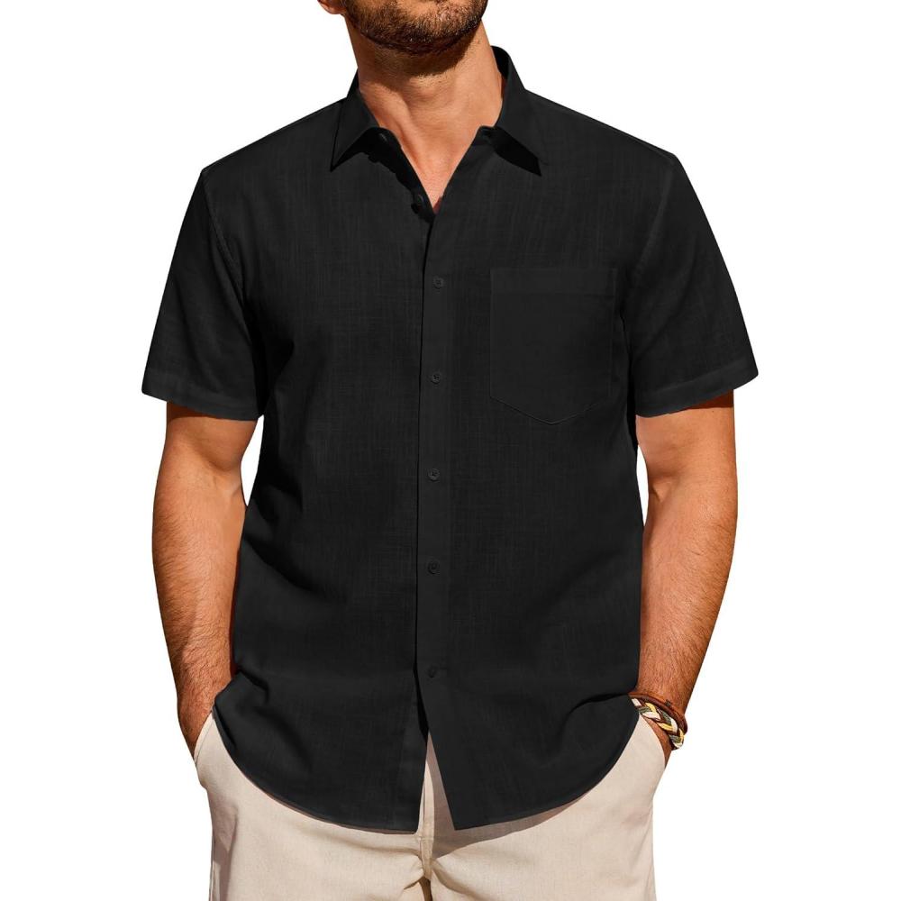 imageAlimens amp Gentle Mens Short Sleeve Cotton Linen Texture Shirt Casual Untucked Button Down Lightweight Shirts Summer BeachBlack