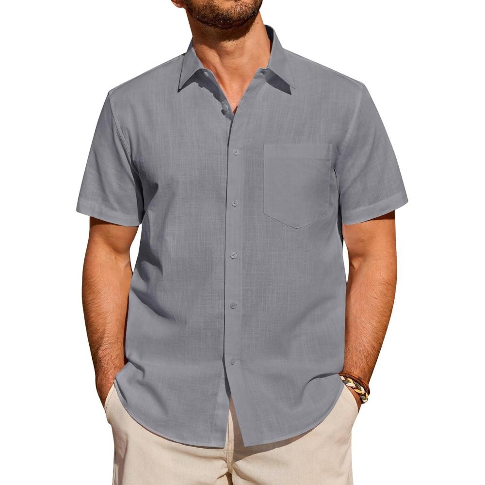 imageAlimens amp Gentle Mens Short Sleeve Cotton Linen Texture Shirt Casual Untucked Button Down Lightweight Shirts Summer BeachDark Grey