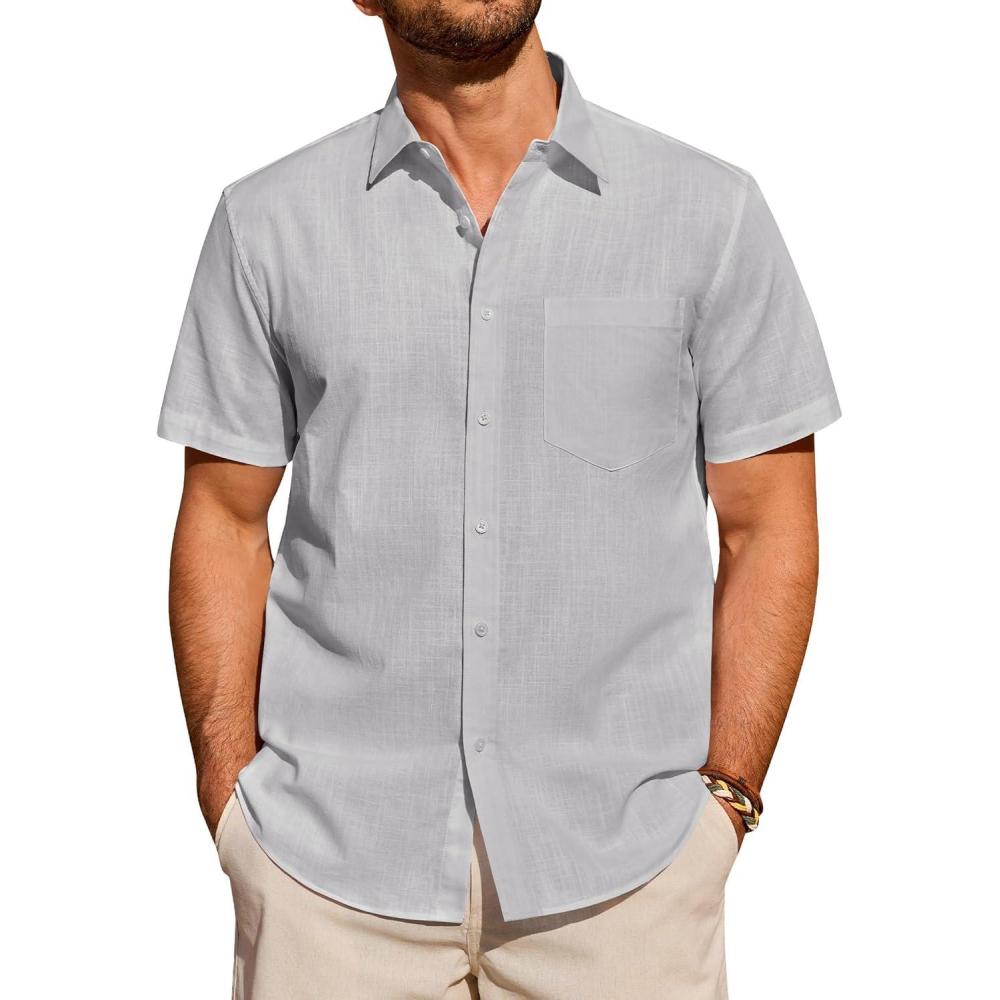 imageAlimens amp Gentle Mens Short Sleeve Cotton Linen Texture Shirt Casual Untucked Button Down Lightweight Shirts Summer BeachLight Grey