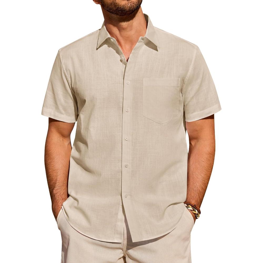 imageAlimens amp Gentle Mens Short Sleeve Cotton Linen Texture Shirt Casual Untucked Button Down Lightweight Shirts Summer BeachLight Khaki