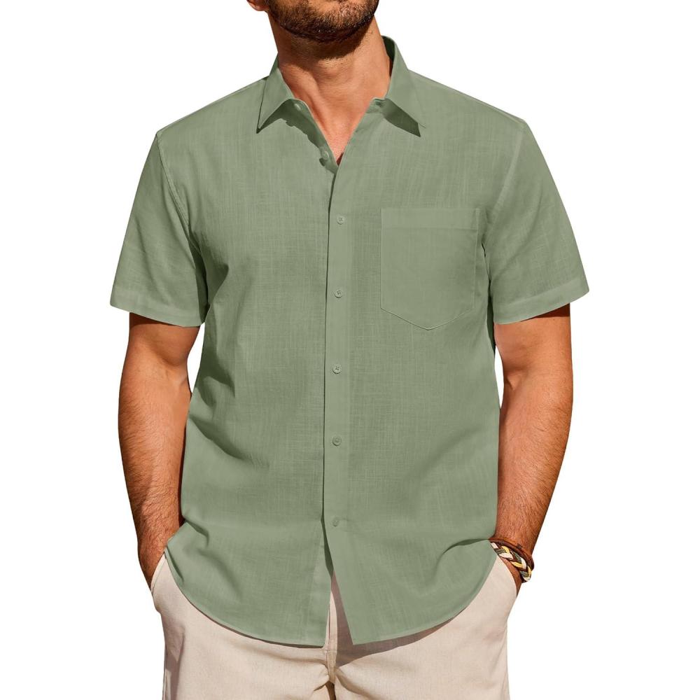 imageAlimens amp Gentle Mens Short Sleeve Cotton Linen Texture Shirt Casual Untucked Button Down Lightweight Shirts Summer BeachOlive Green