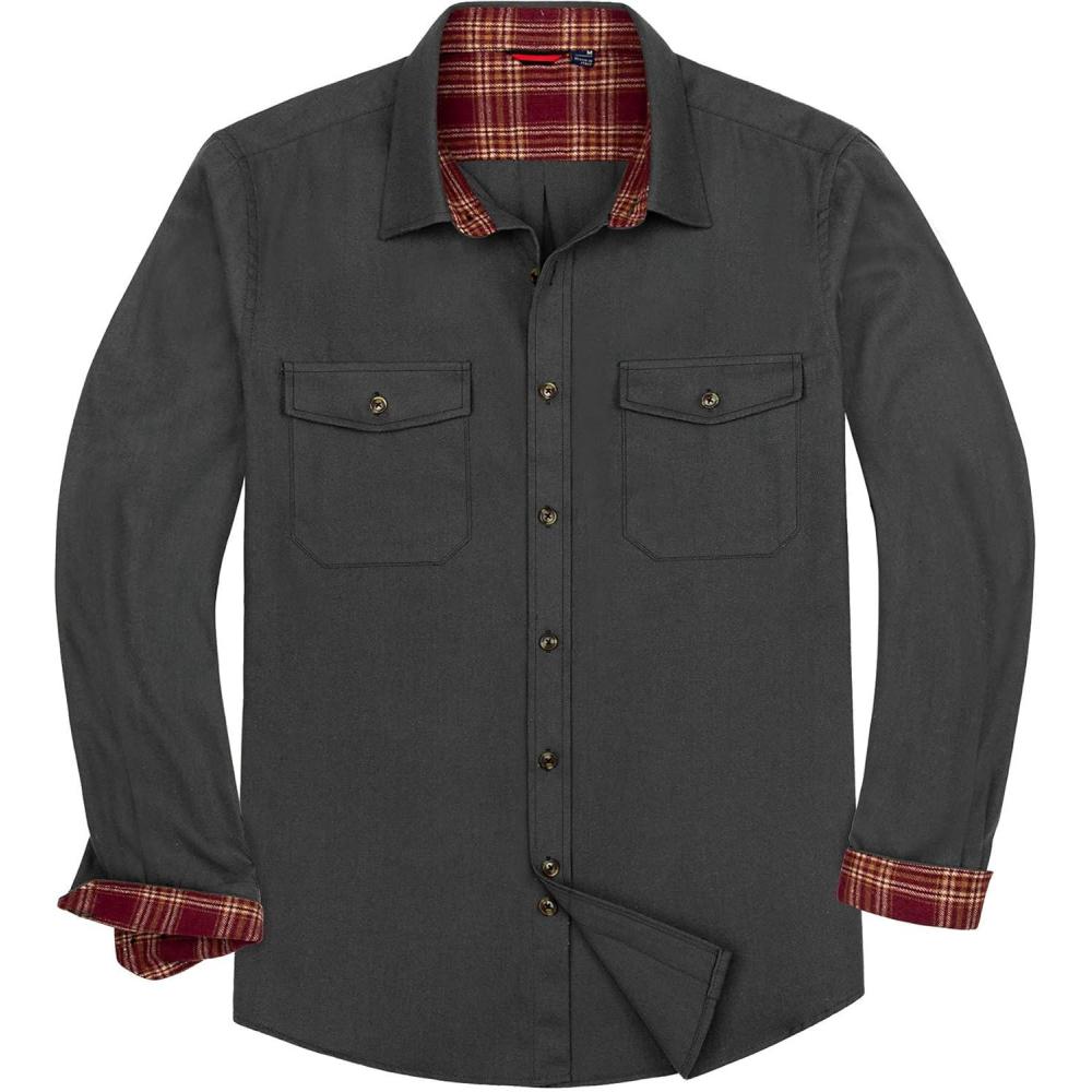 imageAlimens amp Gentle Mens Solid Flannel Shirt Work Long Sleeve Casual Button Down Shirts Outdoor Cotton Warm ShacketDark Grey