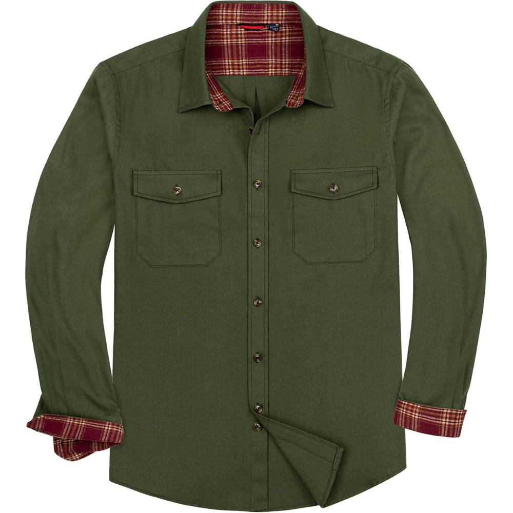 imageAlimens amp Gentle Mens Solid Flannel Shirt Work Long Sleeve Casual Button Down Shirts Outdoor Cotton Warm ShacketGreen Army