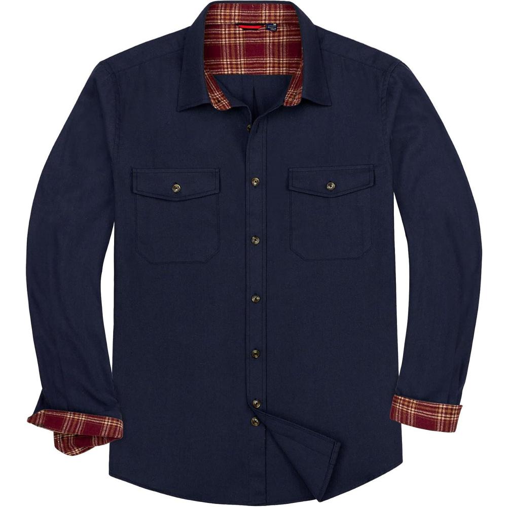 imageAlimens amp Gentle Mens Solid Flannel Shirt Work Long Sleeve Casual Button Down Shirts Outdoor Cotton Warm ShacketNavy Blue