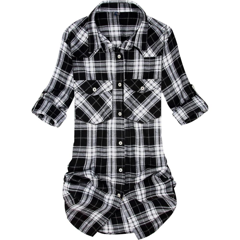 imageAlimens amp Gentle Womens Flannel Shirt Long Sleeve Plaid Shacket Soft Casual Collared Loose Button Down Roll Up Blouses TopsBlack White