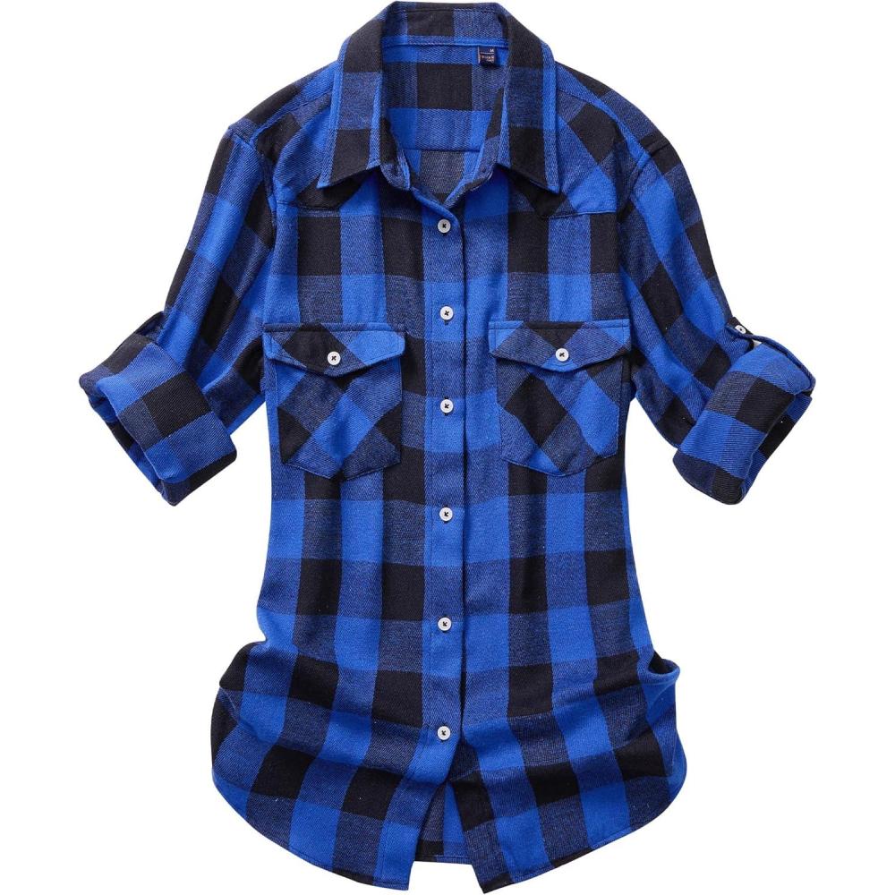 imageAlimens amp Gentle Womens Flannel Shirt Long Sleeve Plaid Shacket Soft Casual Collared Loose Button Down Roll Up Blouses TopsBlue Black