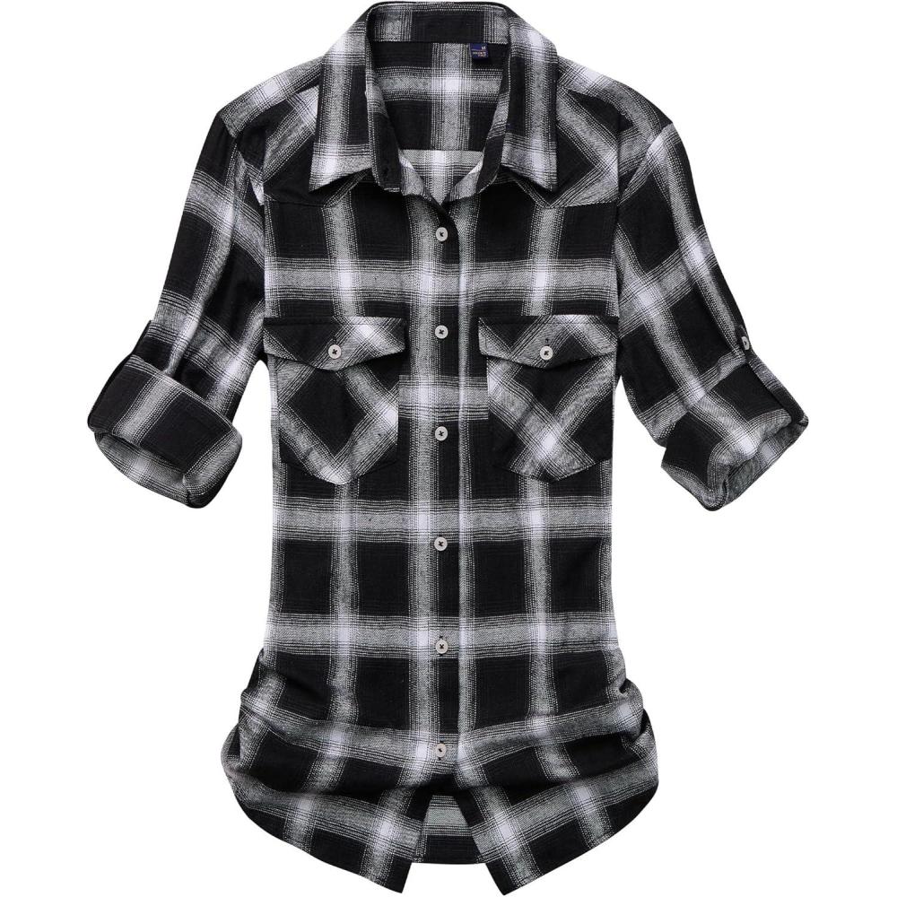 imageAlimens amp Gentle Womens Flannel Shirt Long Sleeve Plaid Shacket Soft Casual Collared Loose Button Down Roll Up Blouses TopsDark Black  White