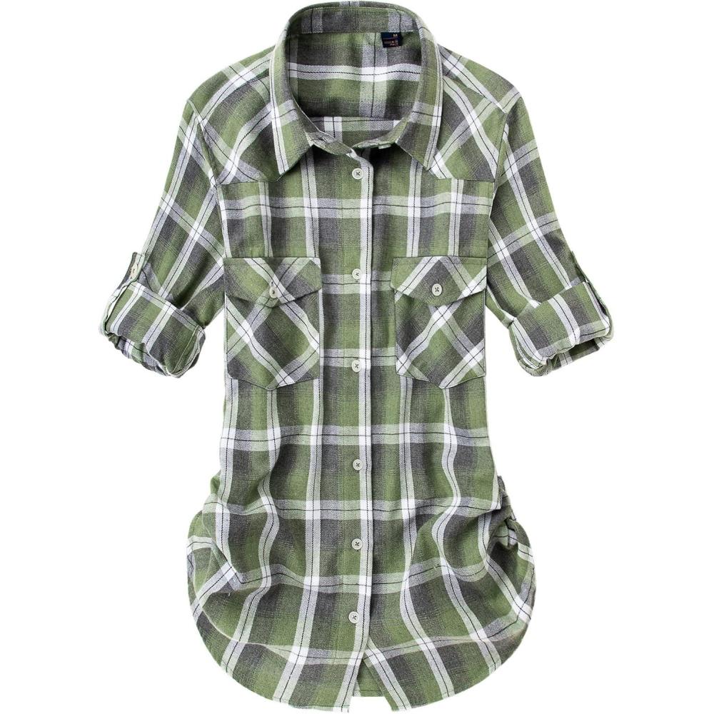imageAlimens amp Gentle Womens Flannel Shirt Long Sleeve Plaid Shacket Soft Casual Collared Loose Button Down Roll Up Blouses TopsGreen