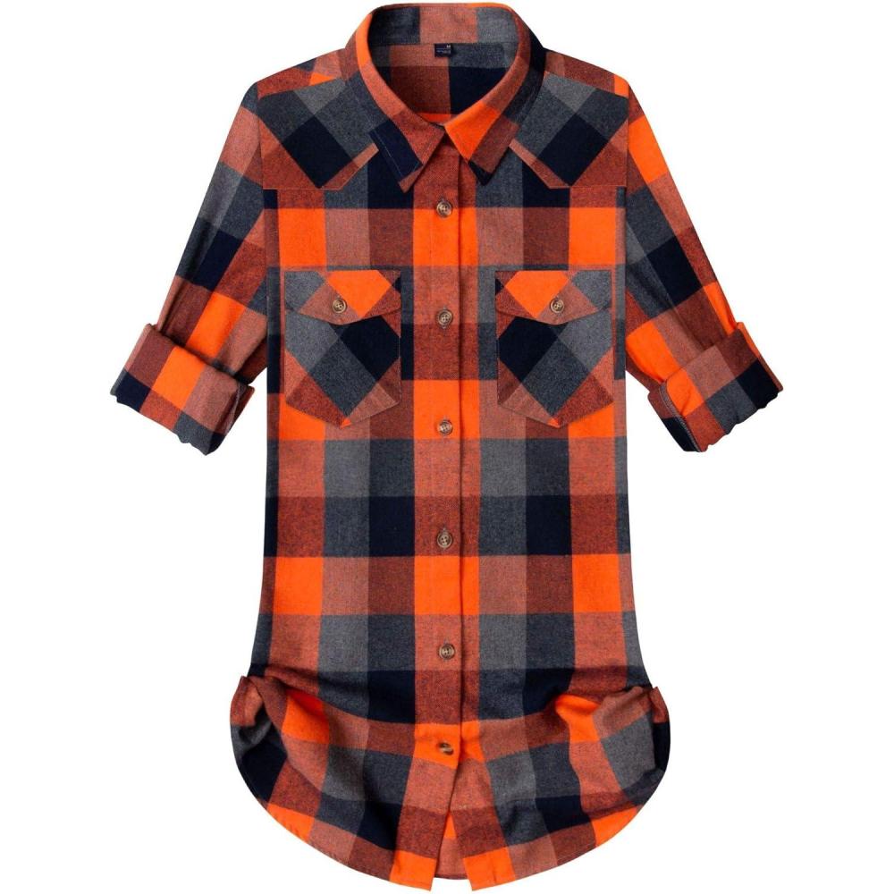 imageAlimens amp Gentle Womens Flannel Shirt Long Sleeve Plaid Shacket Soft Casual Collared Loose Button Down Roll Up Blouses TopsOrange Navy