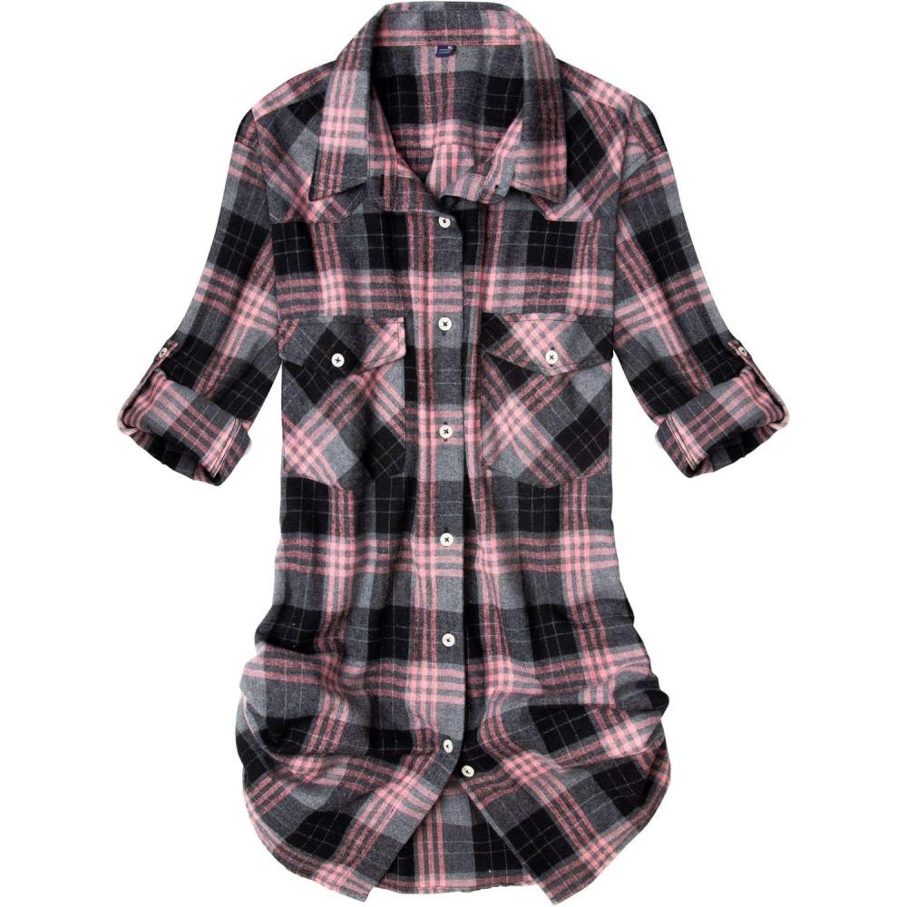 imageAlimens amp Gentle Womens Flannel Shirt Long Sleeve Plaid Shacket Soft Casual Collared Loose Button Down Roll Up Blouses TopsPink Grey