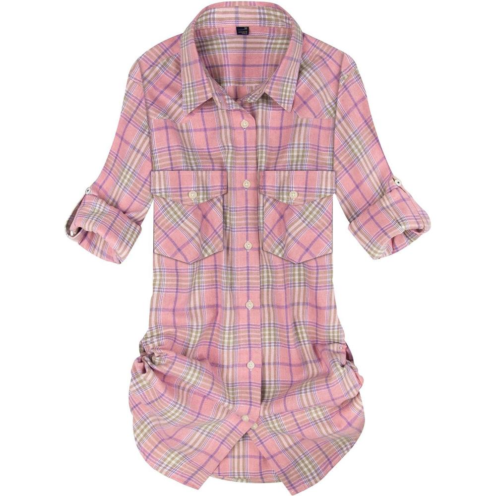imageAlimens amp Gentle Womens Flannel Shirt Long Sleeve Plaid Shacket Soft Casual Collared Loose Button Down Roll Up Blouses TopsPink Purple