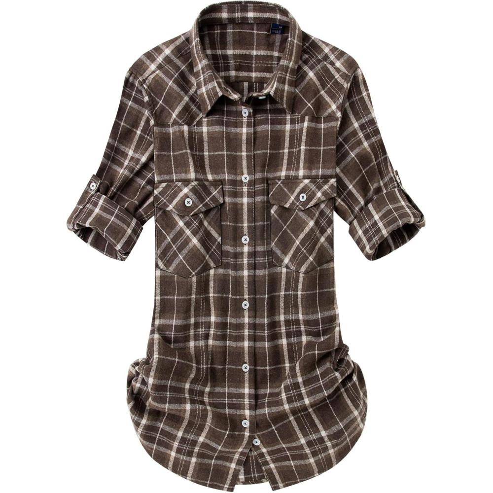imageAlimens amp Gentle Womens Flannel Shirt Long Sleeve Plaid Shacket Soft Casual Collared Loose Button Down Roll Up Blouses TopsPlaidcoffee