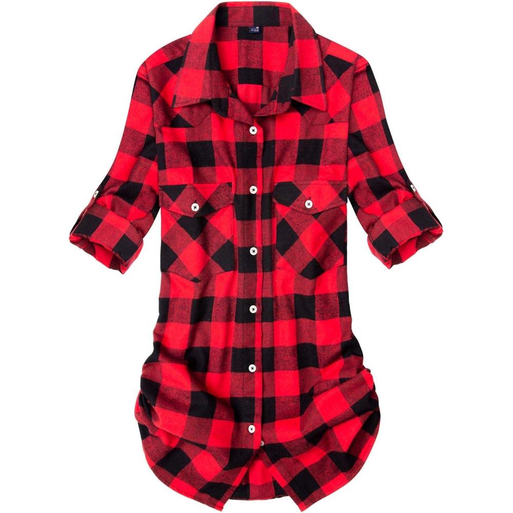 imageAlimens amp Gentle Womens Flannel Shirt Long Sleeve Plaid Shacket Soft Casual Collared Loose Button Down Roll Up Blouses TopsRed Black