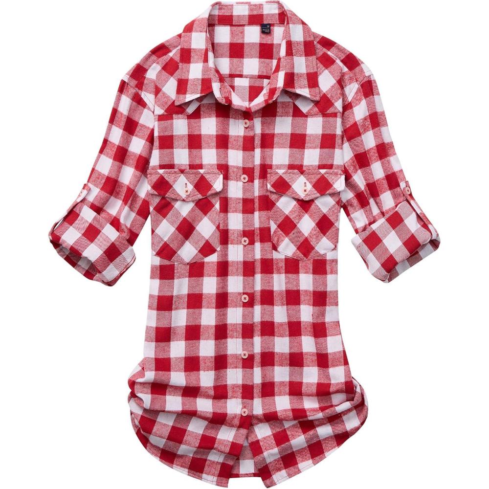 imageAlimens amp Gentle Womens Flannel Shirt Long Sleeve Plaid Shacket Soft Casual Collared Loose Button Down Roll Up Blouses TopsRed White