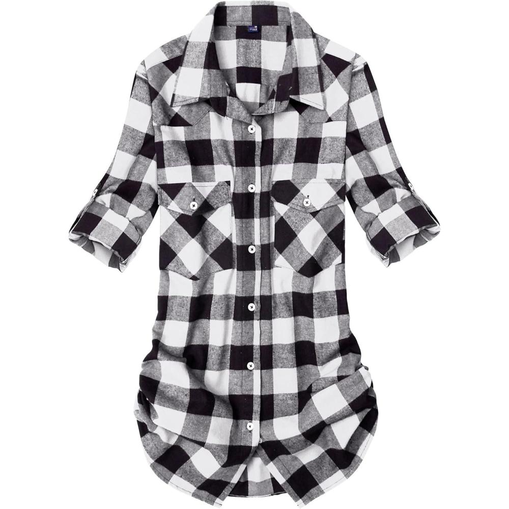 imageAlimens amp Gentle Womens Flannel Shirt Long Sleeve Plaid Shacket Soft Casual Collared Loose Button Down Roll Up Blouses TopsWhite