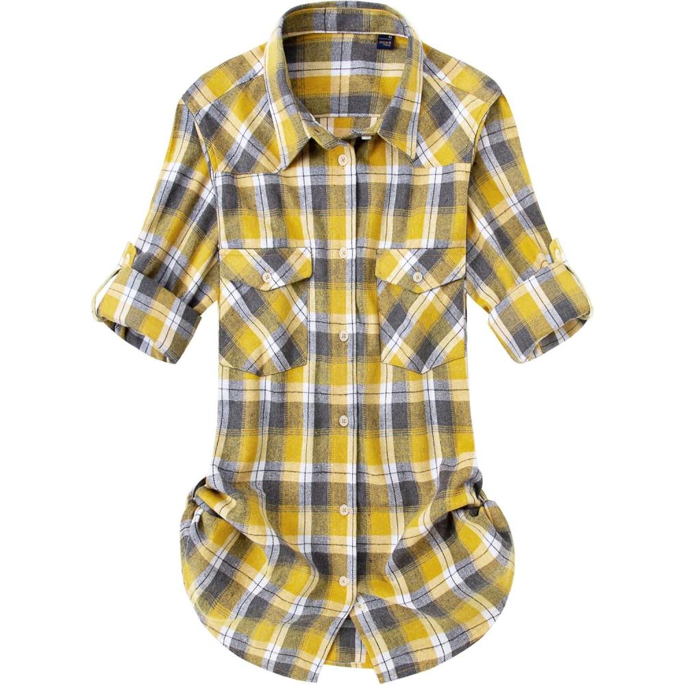 imageAlimens amp Gentle Womens Flannel Shirt Long Sleeve Plaid Shacket Soft Casual Collared Loose Button Down Roll Up Blouses TopsYellow Grey