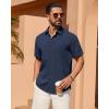Alimens & Gentle Mens Linen Shirt Short Sleeve Button Down Shirt Casual Summer Beach Vacation Wedding Linen Texture Shirts(Navy Blue)