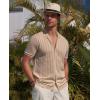 Alimens & Gentle Men’s Short Sleeve Button Down Shirts Knit Casual Shirts for Men Vintage Cuban Shirt Striped Knitted(Dark Beige)