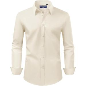 Alimens & Gentle Men’s Dress Shirt Regular Fit Stretch Stain Shield Long Sleeve Solid Business Wedding Button Down Shirts(Beige)