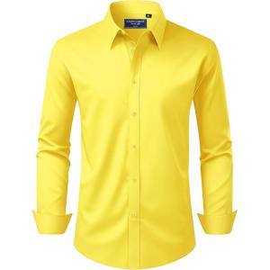 Alimens & Gentle Men’s Dress Shirt Regular Fit Stretch Stain Shield Long Sleeve Solid Business Wedding Button Down Shirts(Bright Yellow)