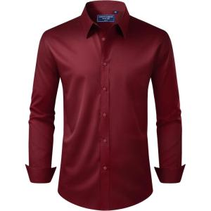 Alimens & Gentle Men’s Dress Shirt Regular Fit Stretch Stain Shield Long Sleeve Solid Business Wedding Button Down Shirts(Burgundy / Red)