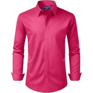 Alimens & Gentle Men’s Dress Shirt Regular Fit Stretch Stain Shield Long Sleeve Solid Business Wedding Button Down Shirts(Hot Pink)