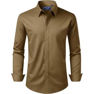 Alimens & Gentle Men’s Dress Shirt Regular Fit Stretch Stain Shield Long Sleeve Solid Business Wedding Button Down Shirts(Khaki)