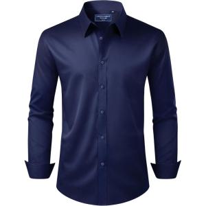 Alimens & Gentle Men’s Dress Shirt Regular Fit Stretch Stain Shield Long Sleeve Solid Business Wedding Button Down Shirts(Navy / Blue)