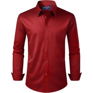 Alimens & Gentle Men’s Dress Shirt Regular Fit Stretch Stain Shield Long Sleeve Solid Business Wedding Button Down Shirts(Red)