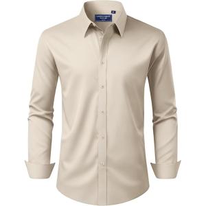 Alimens & Gentle Men’s Dress Shirt Regular Fit Stretch Stain Shield Long Sleeve Solid Business Wedding Button Down Shirts(Tan)