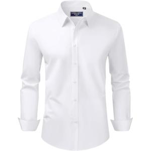 Alimens & Gentle Men’s Dress Shirt Regular Fit Stretch Stain Shield Long Sleeve Solid Business Wedding Button Down Shirts(White)
