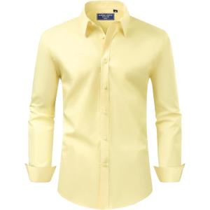 Alimens & Gentle Men’s Dress Shirt Regular Fit Stretch Stain Shield Long Sleeve Solid Business Wedding Button Down Shirts(Yellow)