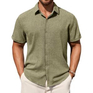 Alimens & Gentle Mens Linen Shirt Short Sleeve Button Down Shirt Casual Summer Beach Vacation Wedding Linen Texture Shirts(Army Green)