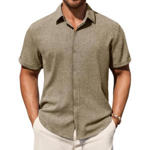 Alimens & Gentle Mens Linen Shirt Short Sleeve Button Down Shirt Casual Summer Beach Vacation Wedding Linen Texture Shirts(Brown)