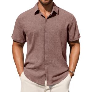 Alimens & Gentle Mens Linen Shirt Short Sleeve Button Down Shirt Casual Summer Beach Vacation Wedding Linen Texture Shirts(Burgundy)