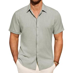 Alimens & Gentle Mens Linen Shirt Short Sleeve Button Down Shirt Casual Summer Beach Vacation Wedding Linen Texture Shirts(Light Grey)