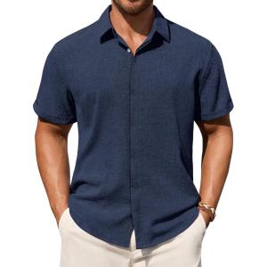Alimens & Gentle Mens Linen Shirt Short Sleeve Button Down Shirt Casual Summer Beach Vacation Wedding Linen Texture Shirts(Navy Blue)