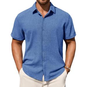 Alimens & Gentle Mens Linen Shirt Short Sleeve Button Down Shirt Casual Summer Beach Vacation Wedding Linen Texture Shirts(Royal Blue)