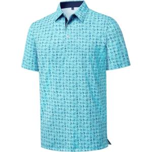 Alimens & Gentle Mens Polo Shirts Short Sleeve Printed Golf Shirt Moisture Wicking Dry Fit Collared Business Casual Tennis(Blue Funny Ocean)