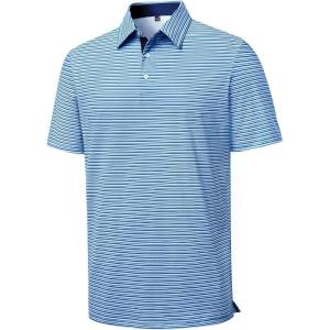 Alimens & Gentle Mens Polo Shirts Short Sleeve Printed Golf Shirt Moisture Wicking Dry Fit Collared Business Casual Tennis(Blue Stripe)