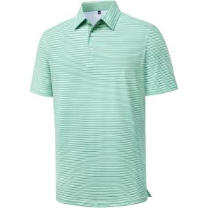 Alimens & Gentle Mens Polo Shirts Short Sleeve Printed Golf Shirt Moisture Wicking Dry Fit Collared Business Casual Tennis(Green White Stripe)