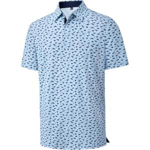 Alimens & Gentle Mens Polo Shirts Short Sleeve Printed Golf Shirt Moisture Wicking Dry Fit Collared Business Casual Tennis(Light Blue Dinosaur)