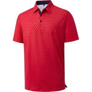 Alimens & Gentle Mens Polo Shirts Short Sleeve Printed Golf Shirt Moisture Wicking Dry Fit Collared Business Casual Tennis(Red Black Dots)