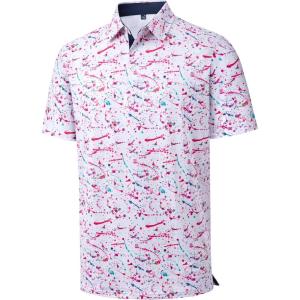Alimens & Gentle Mens Polo Shirts Short Sleeve Printed Golf Shirt Moisture Wicking Dry Fit Collared Business Casual Tennis(White Color)