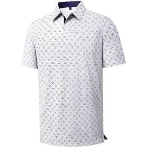 Alimens & Gentle Mens Polo Shirts Short Sleeve Printed Golf Shirt Moisture Wicking Dry Fit Collared Business Casual Tennis(White Golf)