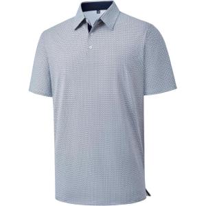 Alimens & Gentle Mens Polo Shirts Short Sleeve Printed Golf Shirt Moisture Wicking Dry Fit Collared Business Casual Tennis(White Navy)