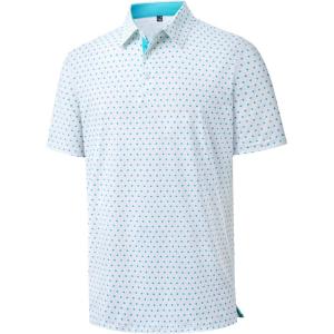 Alimens & Gentle Mens Polo Shirts Short Sleeve Printed Golf Shirt Moisture Wicking Dry Fit Collared Business Casual Tennis(White Teal Dots)