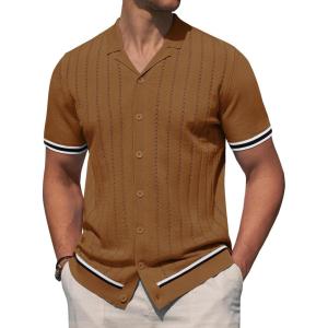 Alimens & Gentle Men’s Short Sleeve Button Down Shirts Knit Casual Shirts for Men Vintage Cuban Shirt Striped Knitted(Brown)
