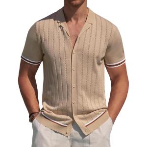 Alimens & Gentle Men’s Short Sleeve Button Down Shirts Knit Casual Shirts for Men Vintage Cuban Shirt Striped Knitted(Dark Beige)